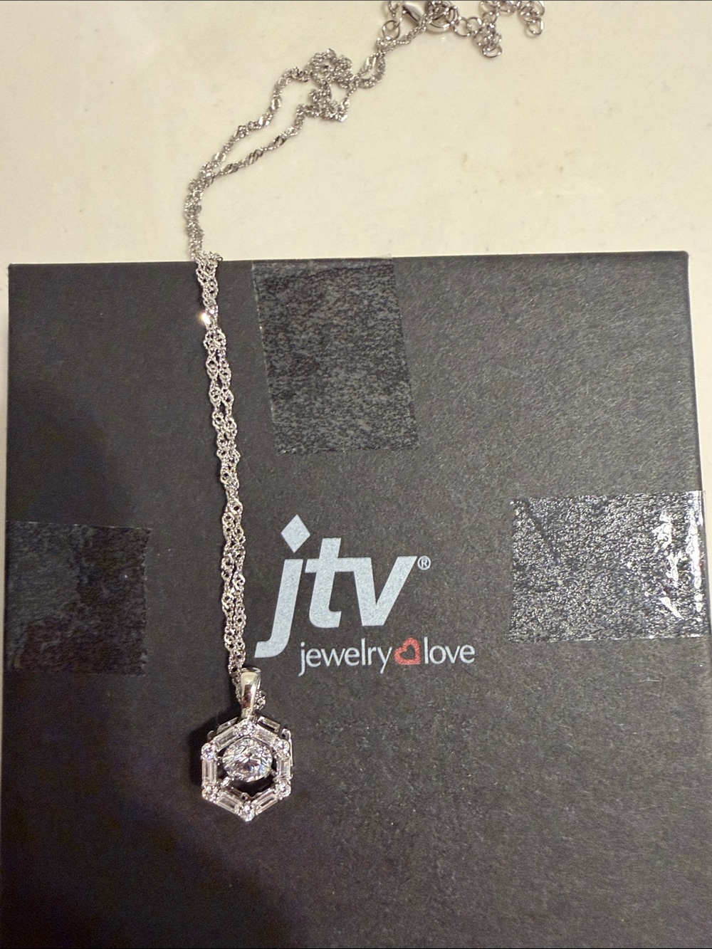 JTV Sterling silver Hexagon Halo Pendant Necklace with Clear Stones